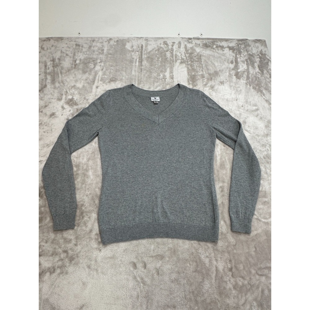 Worthington Pullover Sweater Womens Size Medium Petit Gray V-Neck Long Sleeve